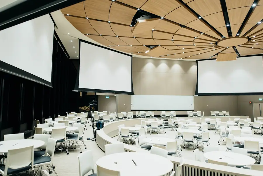 Banquet hall set with round tables
