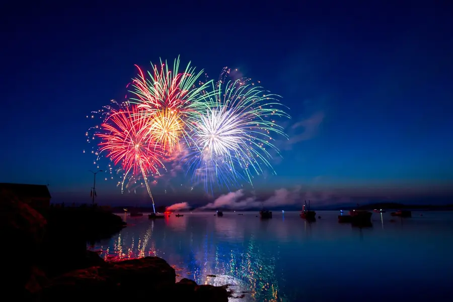 Fireworks bursting over the water at night